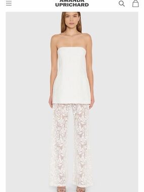 Amanda Uprichard White Strapless Tunic & Lace Wide-Leg Pants Set